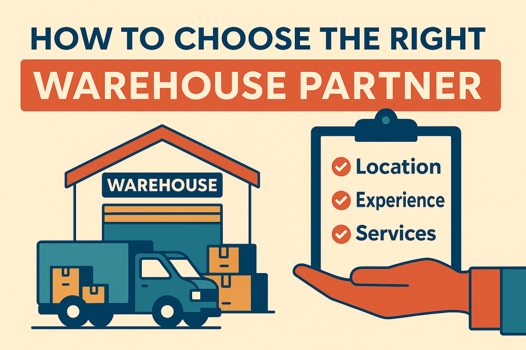 Warehouse partner selection visual guide with truck, warehouse, and clipboard
